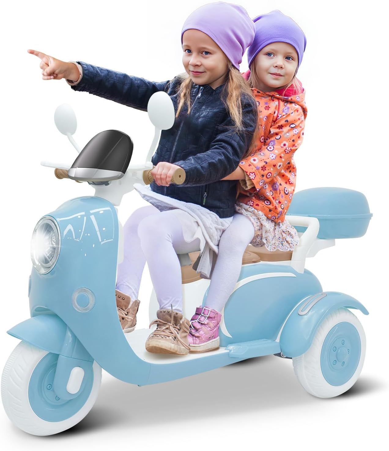 12V 2 Seater Ride on Motorcycle for Kids, Electric Moped Scooter w/Remote Control, Storage Box, Music, LED Light, Horn, 2x50W Motor, Toddler Ride on Toys for Girls Boys, Blue