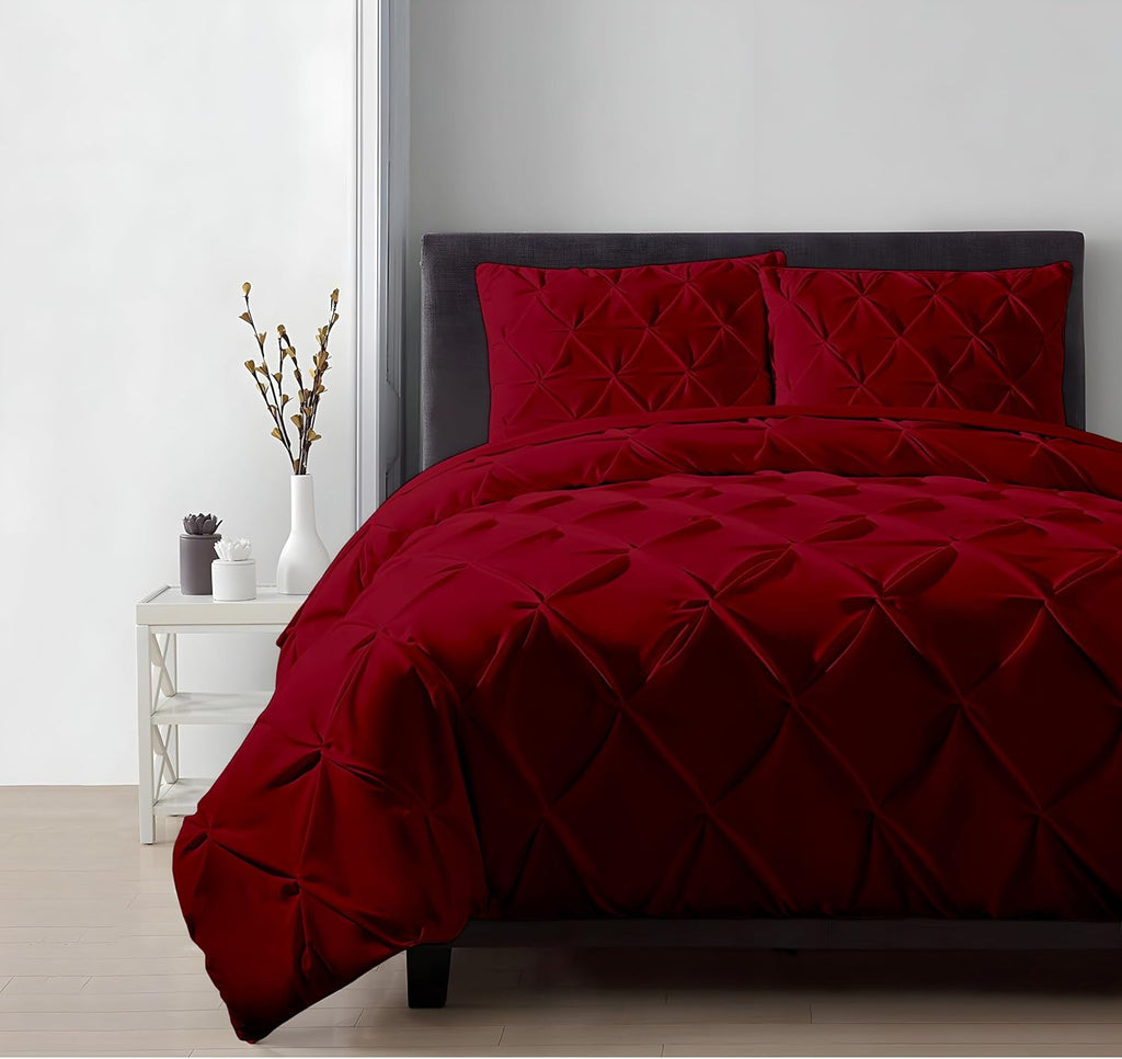 Luxury Burgundy Pinch Pleated Pintuck Duvet Cover Set Oversized King Plus 120'x128' Size Egyptian Cotton Luxury Soft & Breathable Comforter Cover with Corner Ties & Zipper Closure