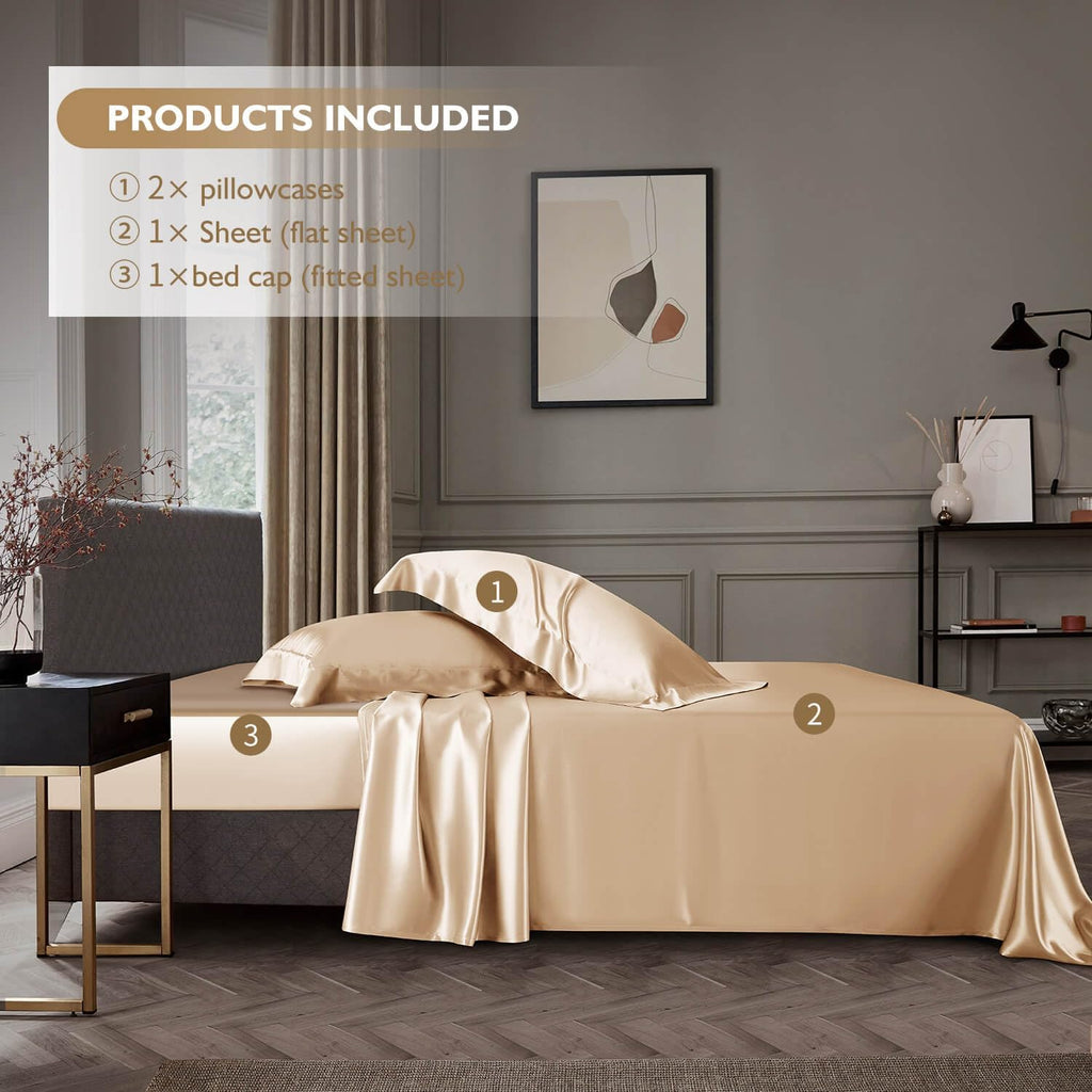 DISANGNI 22 Momme 100% Mulberry Silk Bedding Set - 4-Piece Luxury (2 Pillowcases, 1 Fitted Sheet, 1 Flat Sheet) - 6A Grade Natural Silk (Champagne, Queen)