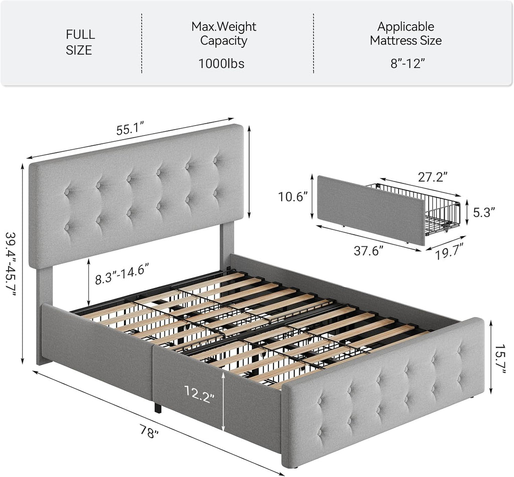 Full Size Platform Bed Frame with 4 Storage Drawers & Headboard, Faux Leather Upholstered, Button Tufted Design, Wooden Slats Support, Noise-Free Mattress Foundation, No Box Spring Needed, Light Grey