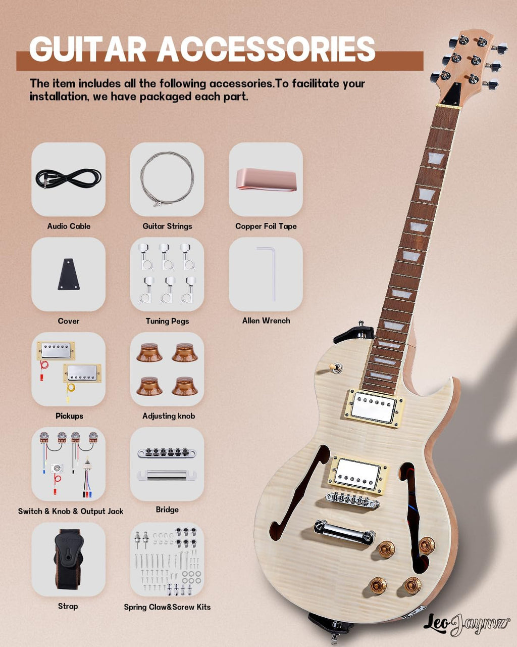 Leo Jaymz DIY Single Cut Electric Guitar Kits with Mahogany Body and Neck - Rosewood Fingerboard and All Components Included (LP Hollow)