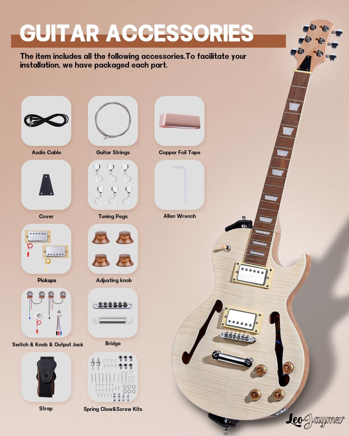 Leo Jaymz DIY Single Cut Electric Guitar Kits with Mahogany Body and Neck - Rosewood Fingerboard and All Components Included (LP Hollow)