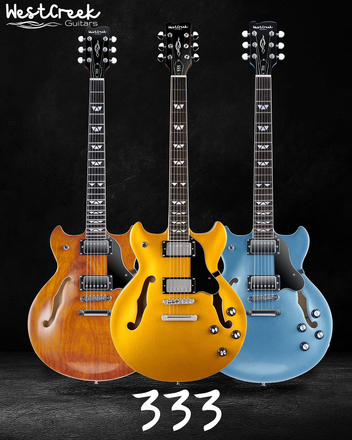 WestCreek 333 Electric Guitar with 6 String, Semi Hollow Body Jazz Electric Guitar, Alnico Humbucker Pickups, Roosewood Fingerboard, Rounded End Jumbo Frets, Full (Gold)