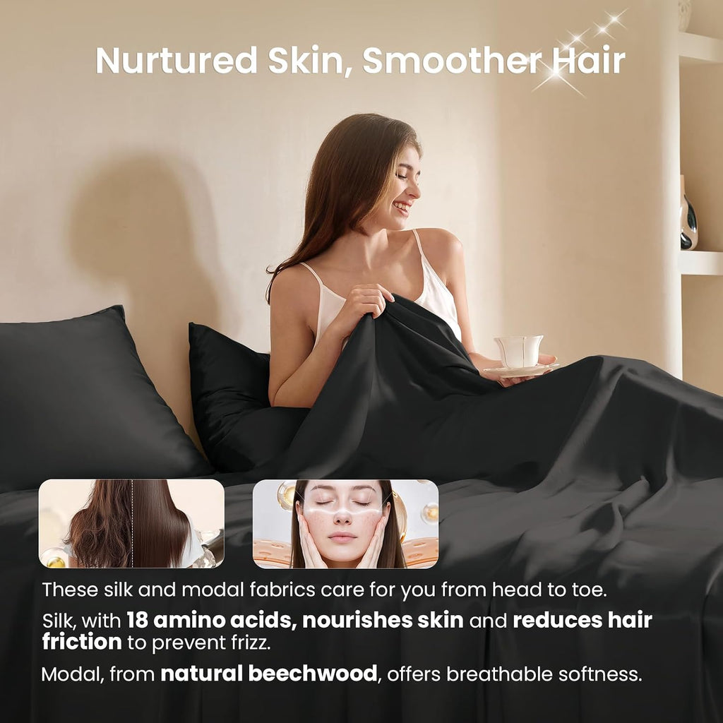 THXSILK Luxury Mulberry Silk Bed Sheets Set - 4pcs Silk Sheets Set 16' Deep Pocket - 1 Fitted Sheet, 1 Flat Sheet, 2 Pillowcases with Zipper Closure - Full, Black