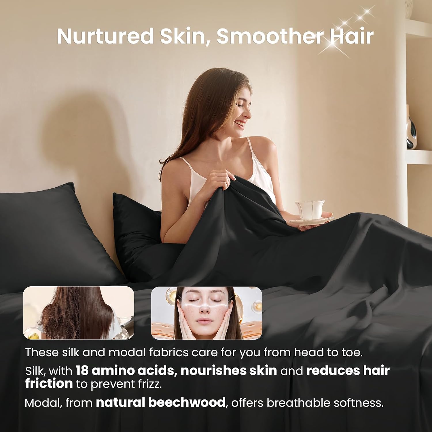 THXSILK Luxury Mulberry Silk Bed Sheets Set - 4pcs Silk Sheets Set 16' Deep Pocket - 1 Fitted Sheet, 1 Flat Sheet, 2 Pillowcases with Zipper Closure - Full, Black