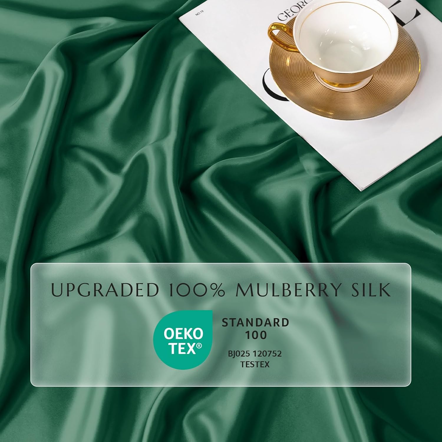 THXSILK 100% Silk Sheet Set, 7A+ Silk Sheet Set Soft Breathable, Luxury Bedding (1 Duvet Cover, 1 Fitted Sheet, 2 Pillow Shams), King, Emerald Green
