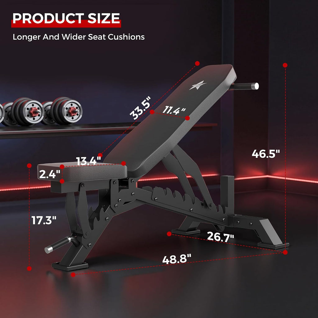Weight Bench, Adjustable Workout Bench for Home Gym Full Body Workout, 1300LBS Weight Capacity Bench Press, Flat/Incline Bench with 33' Extra-Long Backrest & Wheels