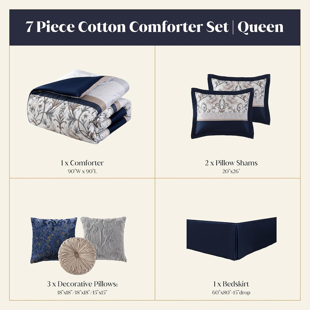 CozyDH 7-Piece Vintage Vine Floral Comforter Set, Navy Beige, Queen - 300TC Cotton Luxury Farmhouse Pleated Design, All-Season Down Alternative Bedding with Bedskirt, Shams, Decor Pillows, 90x90 in