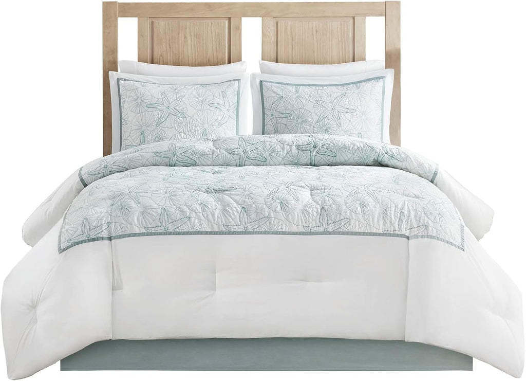 Harbor House Cotton Comforter Set - Coastal Oceanic Sealife Design, All Season Down Alternative Bedding with Matching Shams, Bedskirt, Maya Bay, Seafoam Blue Full(80'x90') 4 Piece