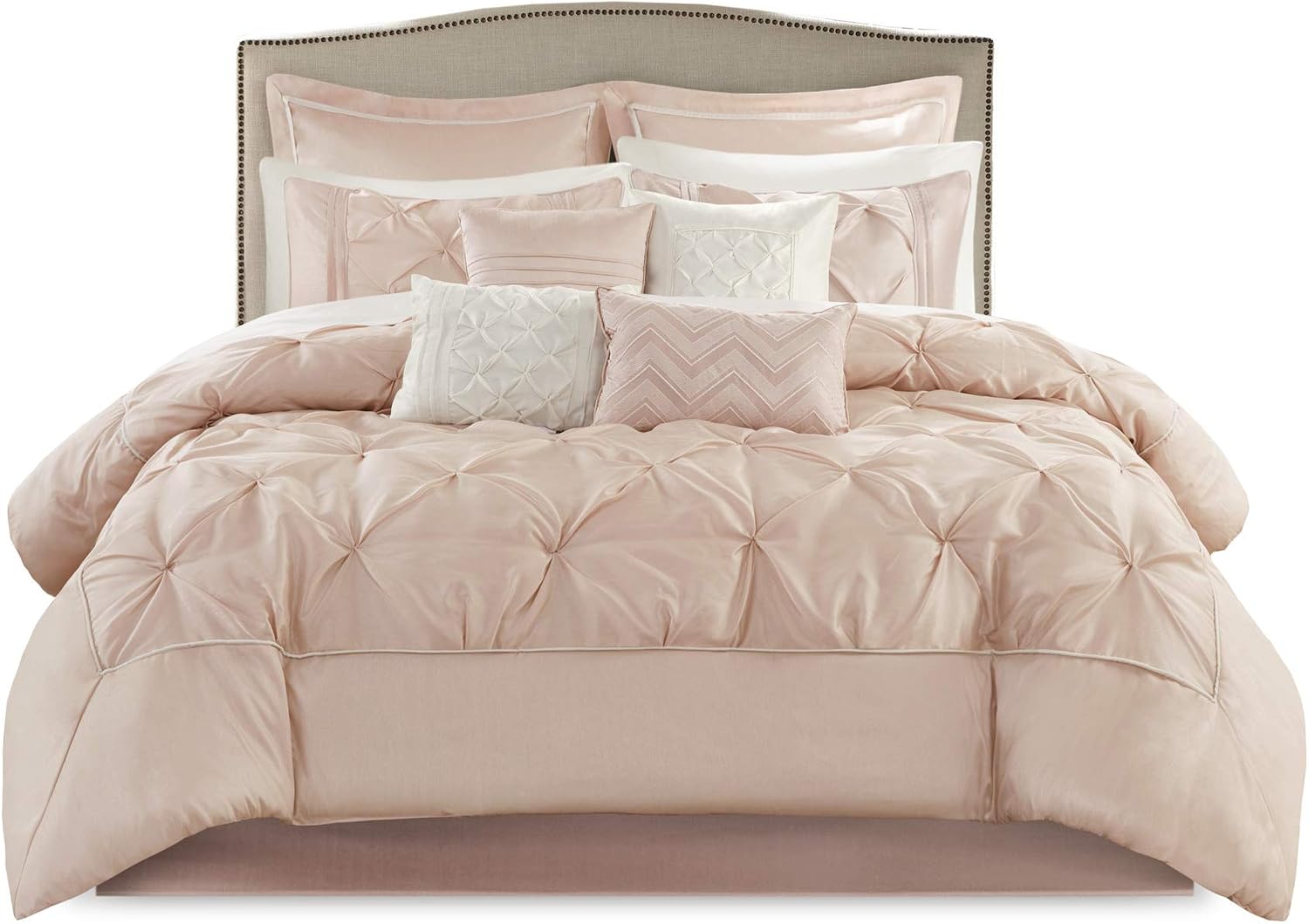 Madison Park Essentials Room in a Bag Faux Silk Comforter Set-Luxe Diamond Tufting All Season Bedding, Matching Curtains, Decorative Pillows, Cal King(104'x92'), Blush 24 Piece (MPE10-811)
