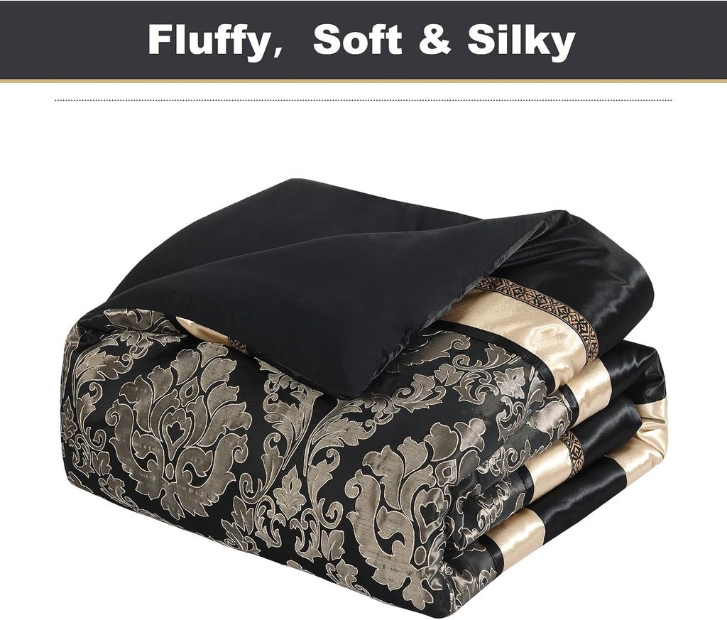 PANGUSHAN 7 Pieces Comforter Set Queen Size, Luxury Silky Elegant Jacquard Fluffy Reversible Bedding Set with Bed Skirt, Shams and Pillows, Bed in a Bag Queen, Down Alternative, Black/Gold