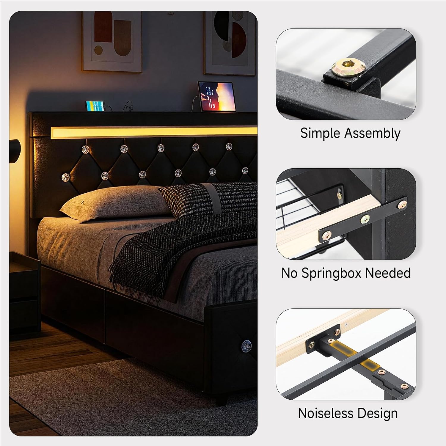 Full Size Bed Frame, Storage Bed with 4 Drawers and Adjustable Headboard, Upholstered Platform Bed with Handy Charging Station and LED Light, Noise Free, Easy Assembly, No Box Spring Needed, Black