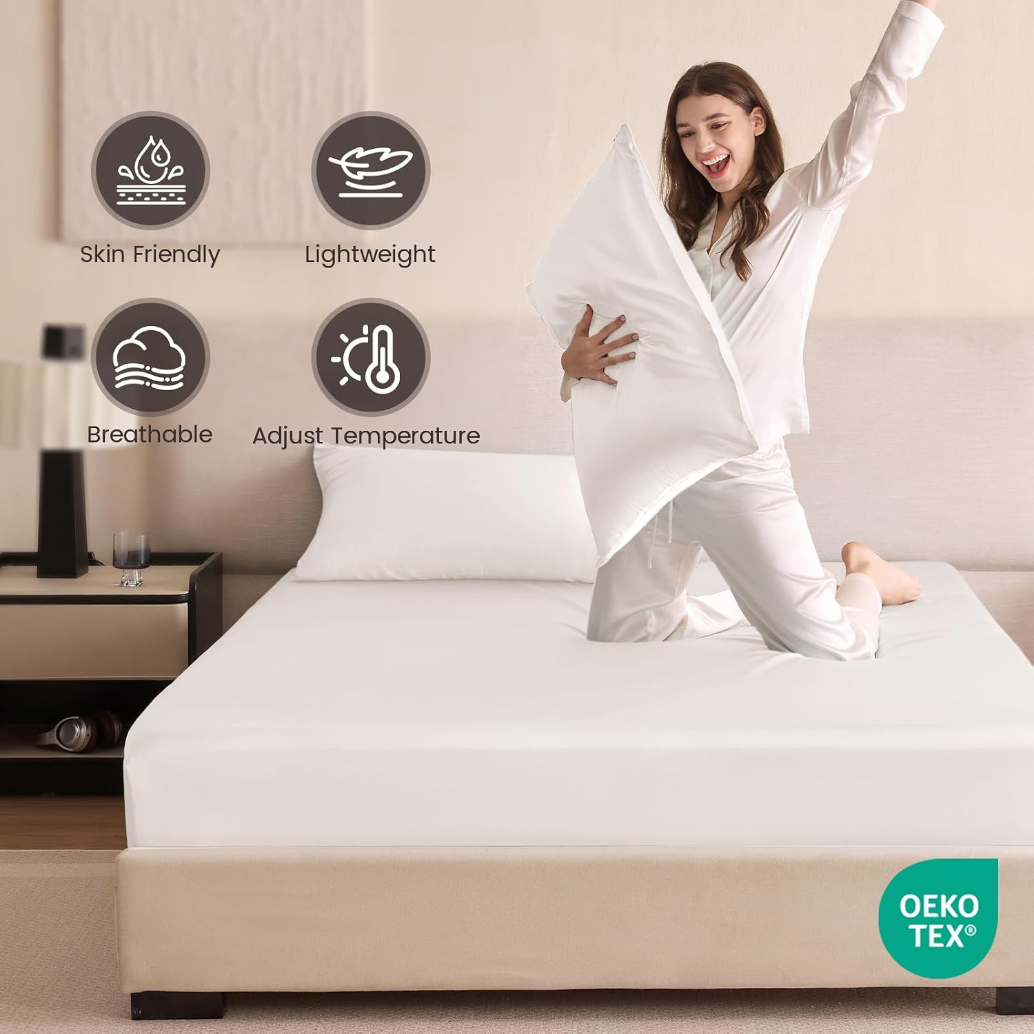 THXSILK 6A+ Top Grade 100% Pure Mulberry Silk Queen Fitted Sheet 3Pcs Set Bed Sheets Luxury Bedding for Hair and Skin Breathable Cooling Safe Material, 1 Fitted Sheet with 2 Pillowcases, Pearl White