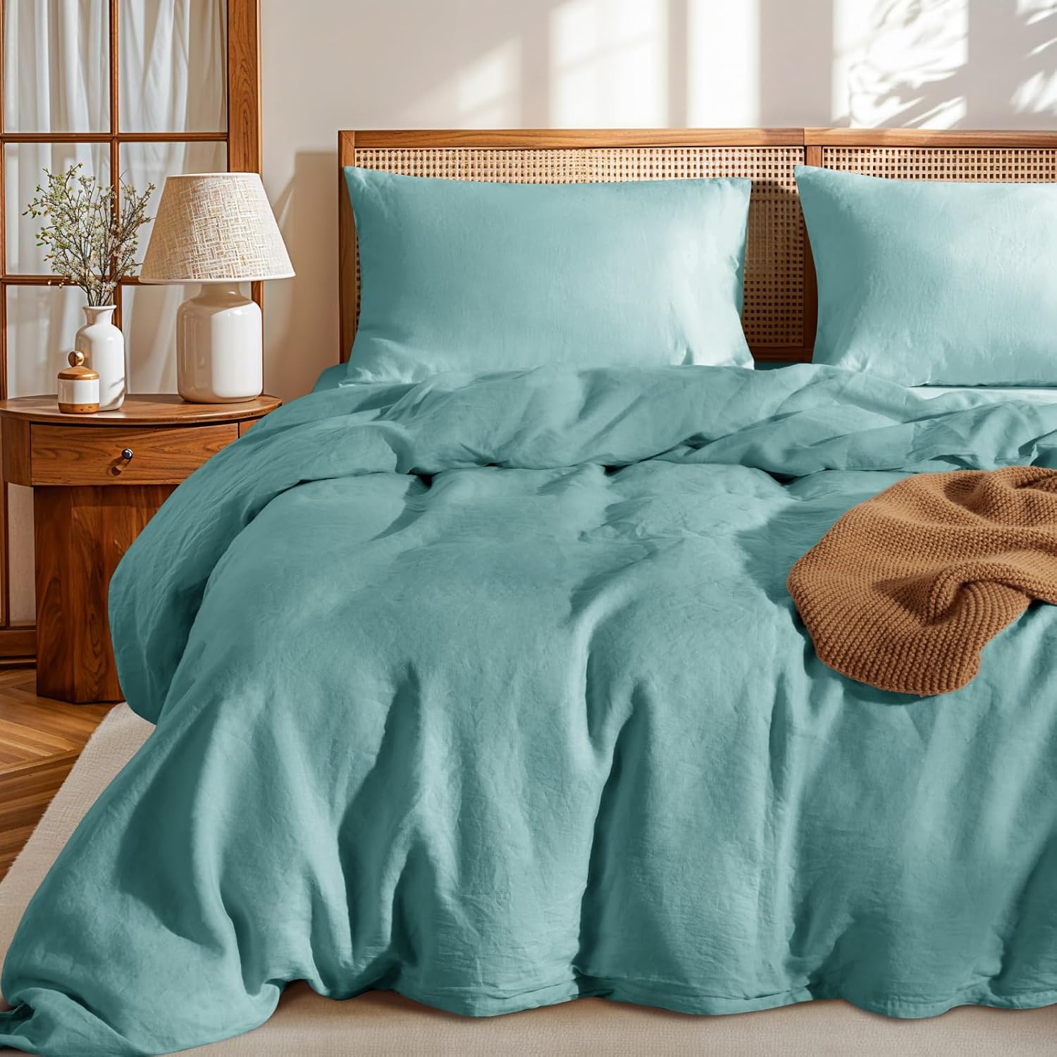 LBRO2M 100% France Linen Duvet Cover Set 3 Pcs Natural Flax Duvet Cover Set 2 Pillowcase 1 Duvet Cover with Zipper (Aqua California King)