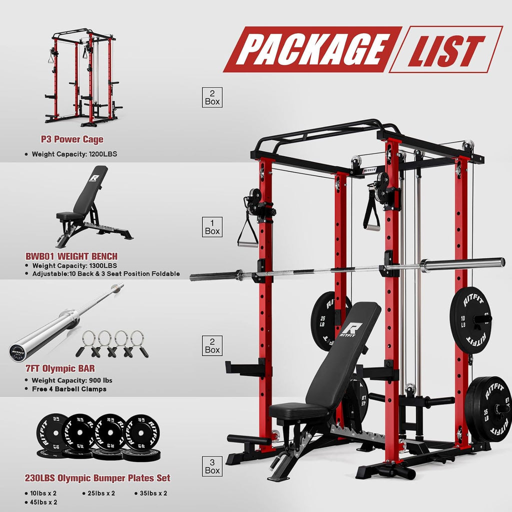 RitFit Multi-Function Garage & Home Gym Package Includes 1200LBS Power Cage PPC03/P3 with Cable Crossover System, Weight Bench, Olympic Barbell Weight Set, Full Body Workout
