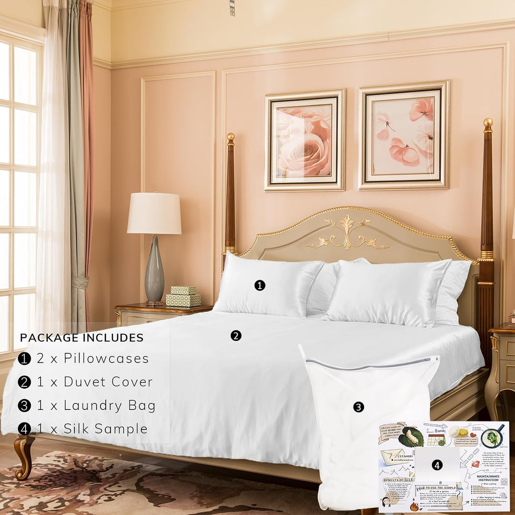 PROMEED 100% Mulberry Silk Duvet Cover Set 3PCS King Size, Real 23 Momme Grade 6A Silk Bedding Set with Duvet Cover and Pillowcases (White, King)