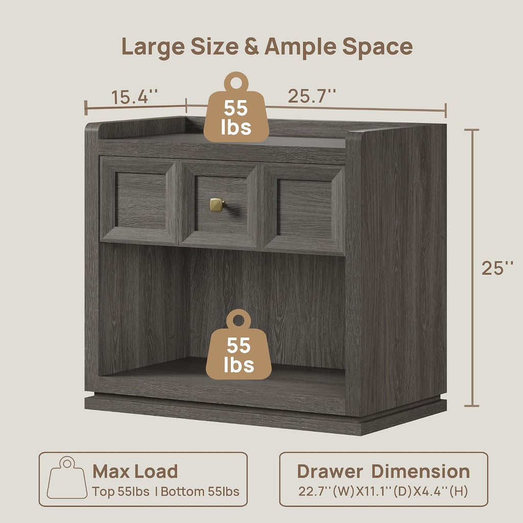 SICOTAS Night Stand Set 2, 26' Wide Nightstands with Drawer, Large Queen Size Nightstands Set of 2, Modern Bedside Table for Bedroom, Side End Table (Dark Grey Oak, 26-Inch)