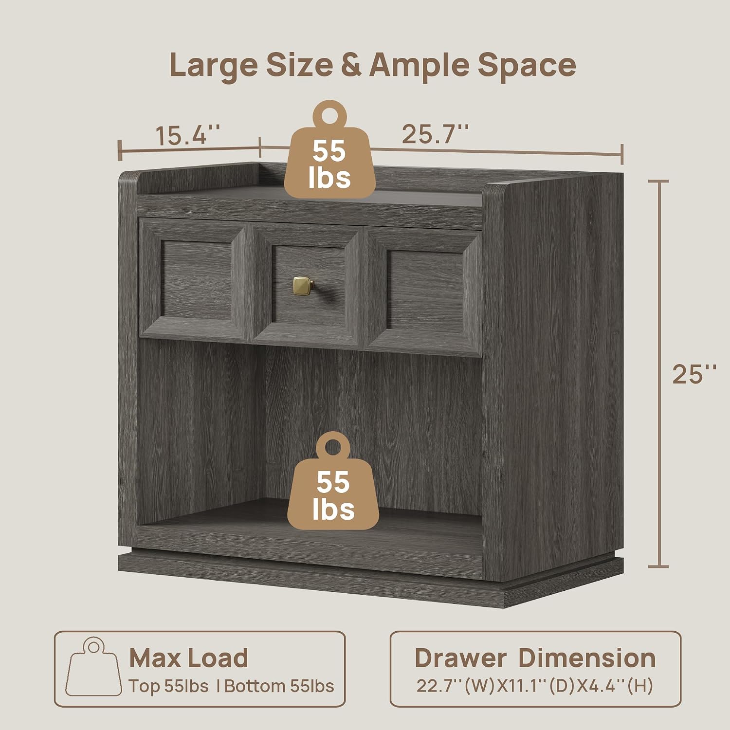 SICOTAS Night Stand Set 2, 26' Wide Nightstands with Drawer, Large Queen Size Nightstands Set of 2, Modern Bedside Table for Bedroom, Side End Table (Dark Grey Oak, 26-Inch)