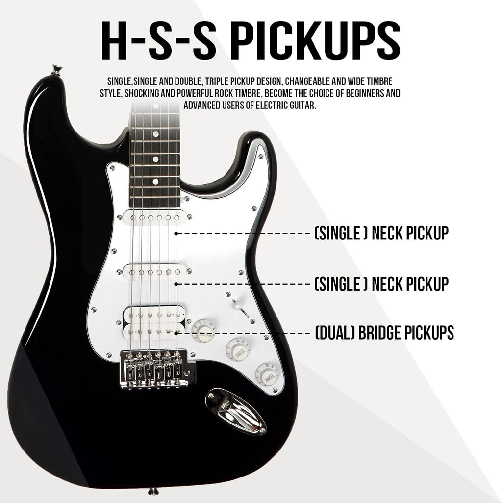 Soulmate Electric Guitar Kit for Beginner 39 Inch Full Size HSS Pick Up Right Handed Starter Solid Body Electric Guitar, with Amplifier, Bag, Capo, Strap, String,Cable, Picks, Black
