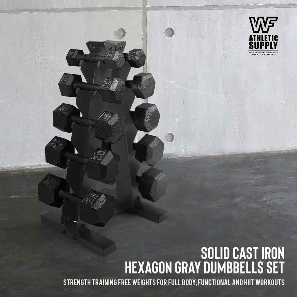 WF Athletic Supply 5-25 Lb Cast Iron Dumbbells Set with A Frame Storage Rack, Solid Gray/Black Hexagon Free Weights for Weight Lifting & Strength Training, Storage Rack Color Options Available