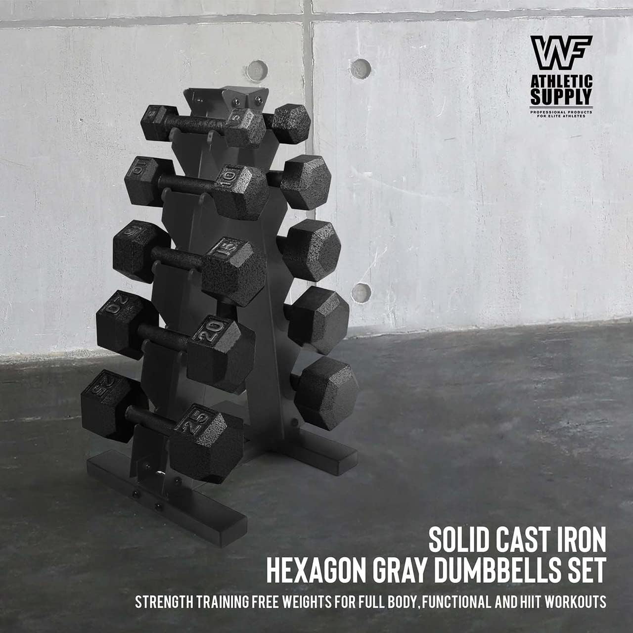 WF Athletic Supply 5-25 Lb Cast Iron Dumbbells Set with A Frame Storage Rack, Solid Gray/Black Hexagon Free Weights for Weight Lifting & Strength Training, Storage Rack Color Options Available
