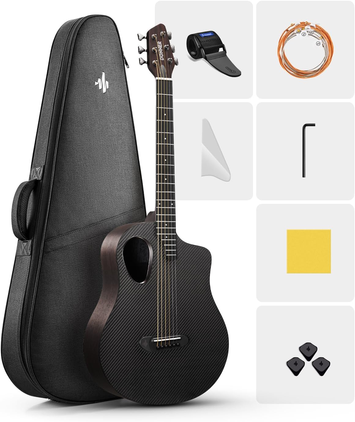Donner Acoustic Guitar Kits for Beginners, Intermediate Learners & Adults - 38' Steel-String Guitars with Carbon Fiber Top, Wooden Bowl, Includes Free Lessons, Case, Strap (Satin, Black)