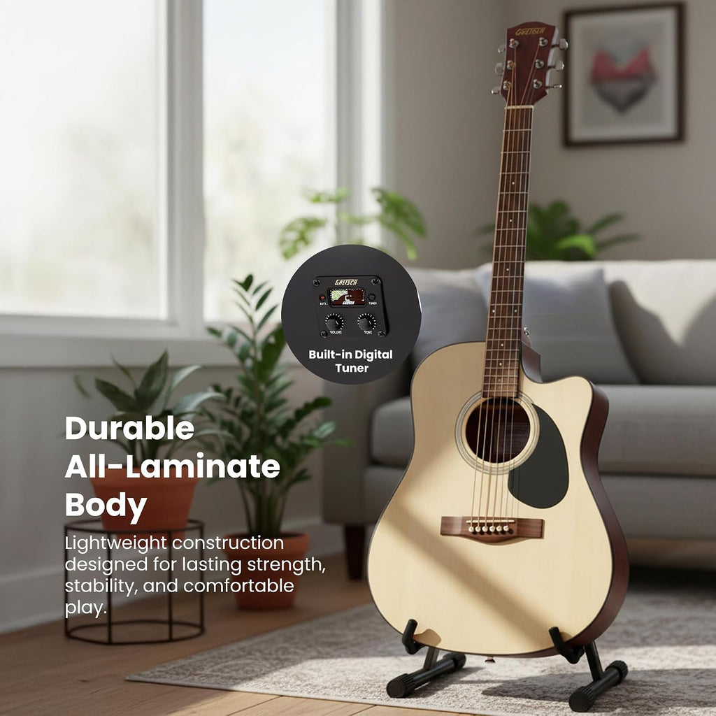 Gretsch Prelude D100CE Dreadnought Cutaway Acoustic-Electric Guitar - Natural Bundle with Gig Bag, Strap, Strings, String Winder, Picks, Austin Bazaar Instructional DVD, and Polishing Cloth