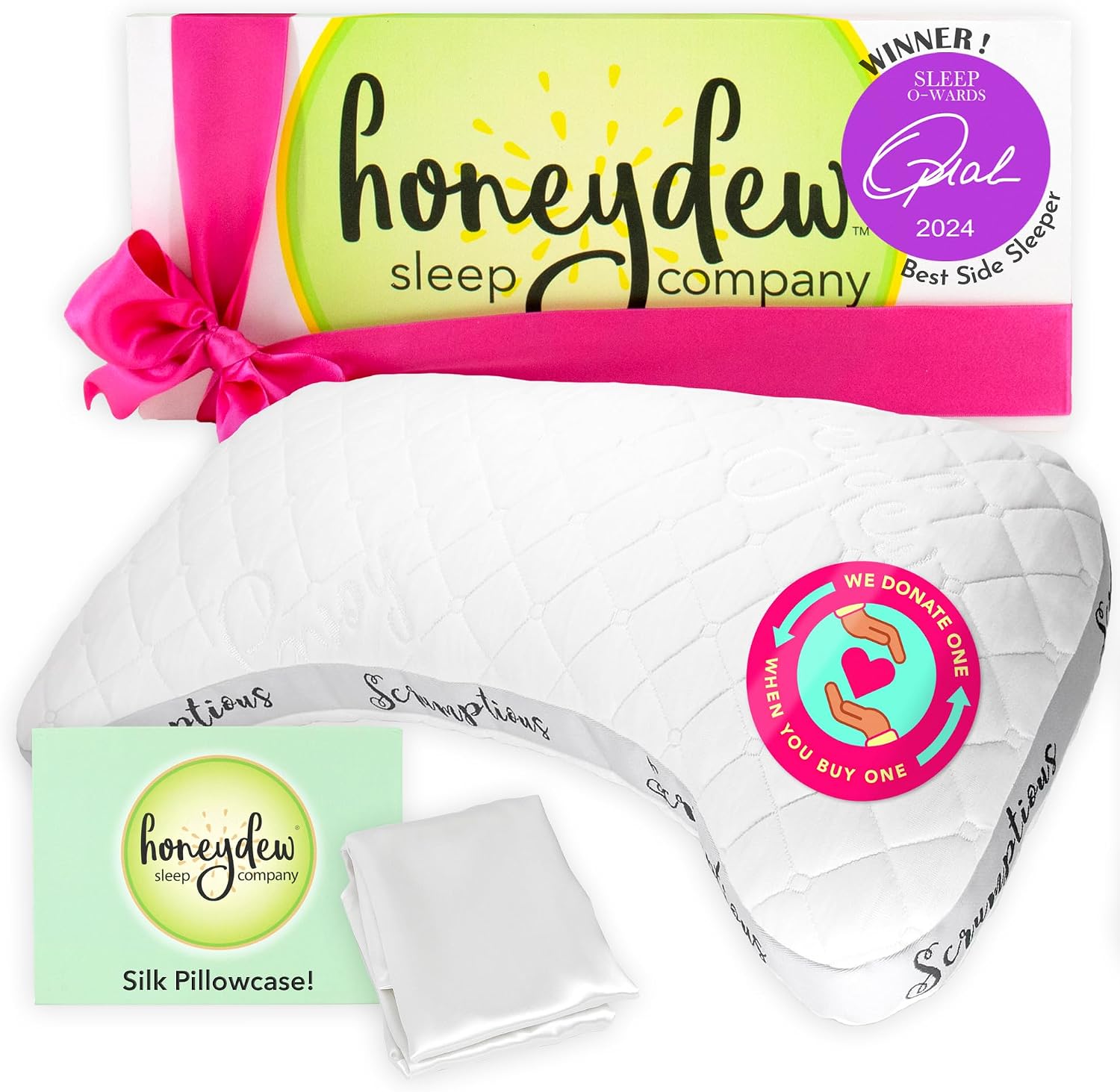 Honeydew Scrumptious Side Pillow + Silk Pillowcase Gift Pack- Adjustable Support for Neck & Shoulder Pain Relief- Made in USA- Pillow and Pillowcase Set (King Size)