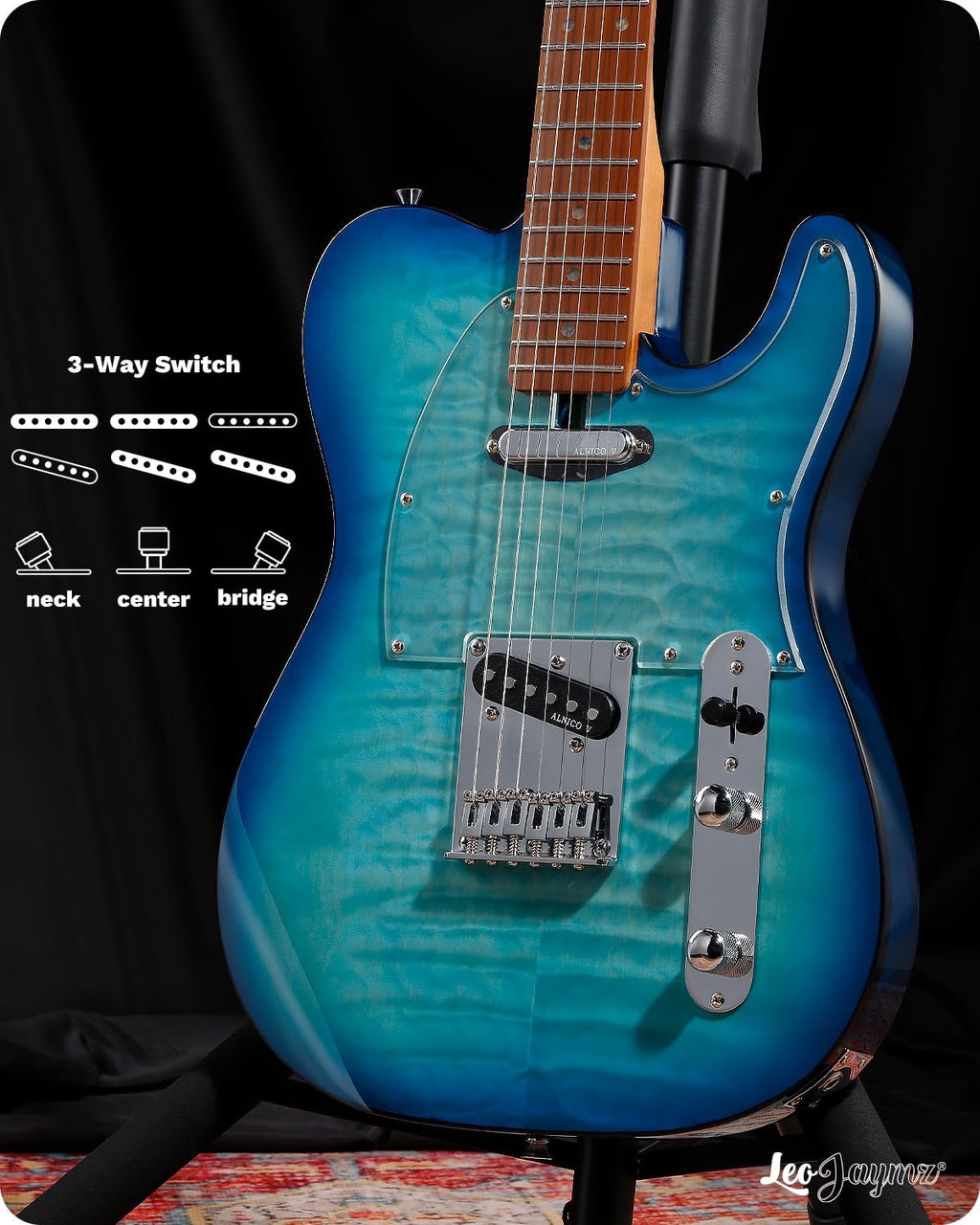 Leo Jaymz TL Electric Guitar - Ocean Maple Top, Mahogany Body, Maple Neck - Alnico V Pickups, Locking Tuners- Solid Choice for Beginners & Intermediate Players (Blue Ocean)