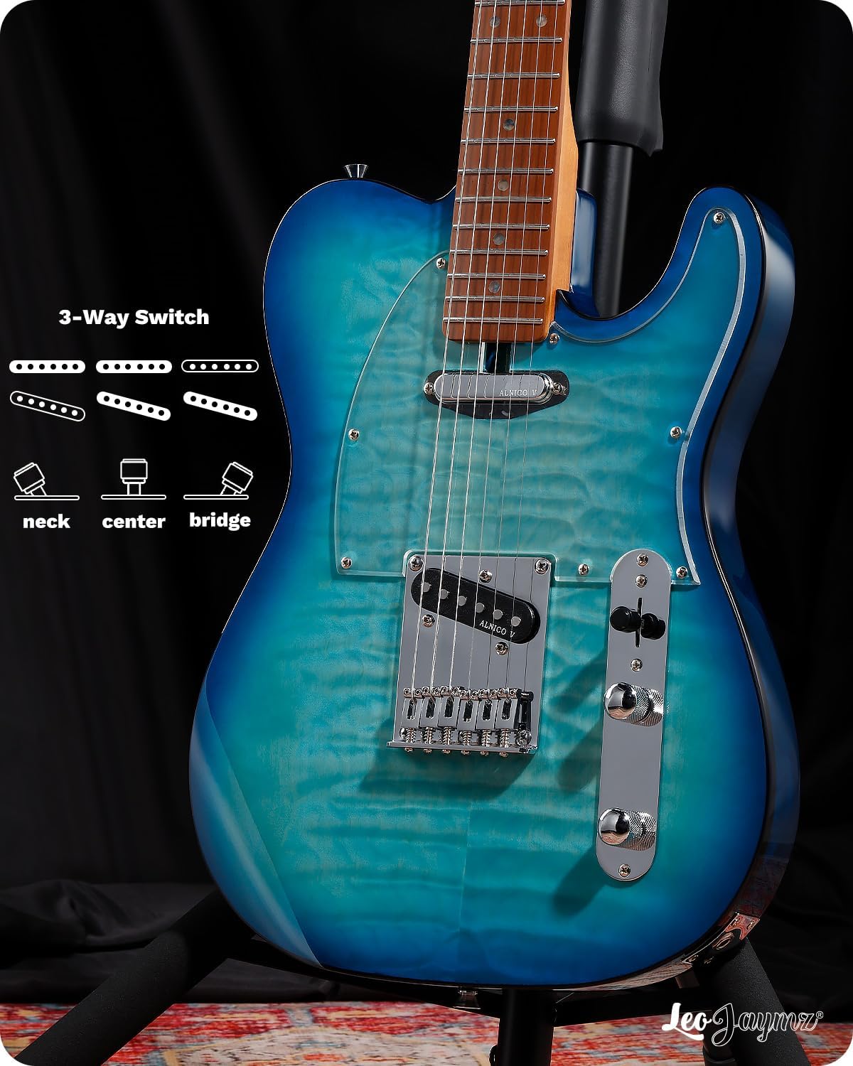 Leo Jaymz TL Electric Guitar - Ocean Maple Top, Mahogany Body, Maple Neck - Alnico V Pickups, Locking Tuners- Solid Choice for Beginners & Intermediate Players (Blue Ocean)
