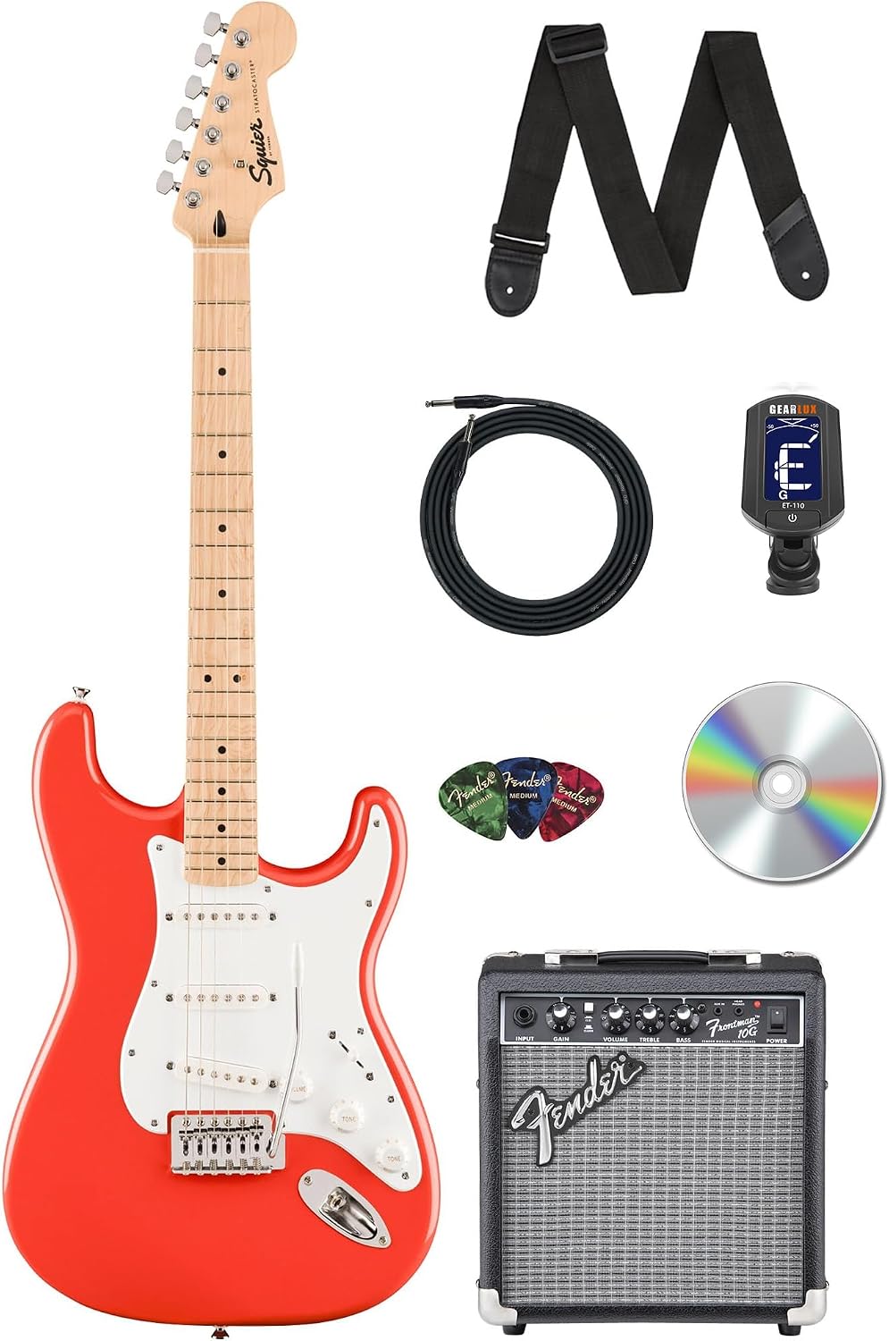 Fender Squier Sonic Stratocaster - Fiesta Red Bundle with Frontman 10G Amp, Instrument Cable, Tuner, Strap, Picks, and Austin Bazaar Instructional Video