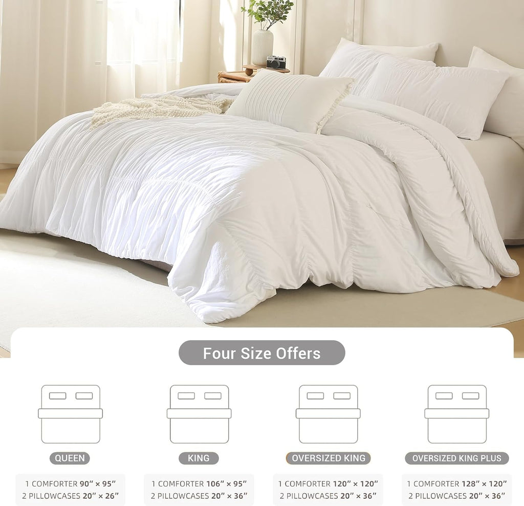 Lady Ann Oversized King Size Comforter Sets 128x120- White Ruched Bedroom Sets, Fluffy Bedding Comforter Sets, Soft & Luxurious All Season Bed Sets for Women Men, 3pcs