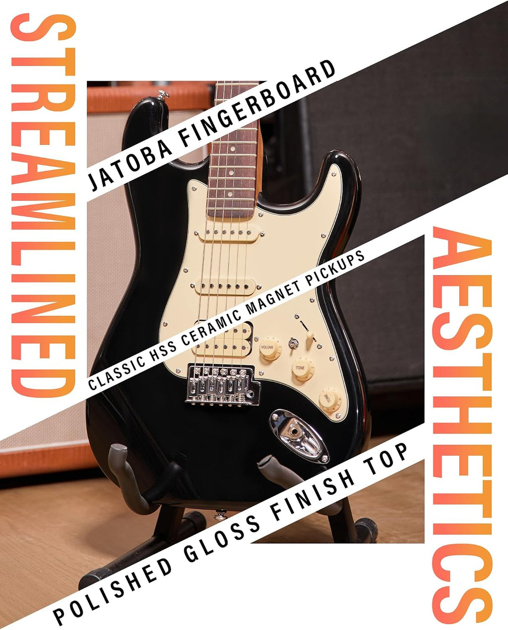 AKLOT Beginner Electric Guitar Kit: 10W Amp, Coil-Split HSS Pickups, Lesson Book, Roasted Maple Neck, Gig Bag, Tuner, Strap, Picks, Stryde Phantom Black