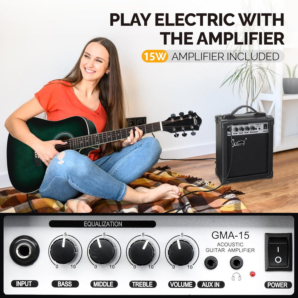 GLARRY Full Size 6 Strings Acoustic Electric Guitar Beginner Kit w/ 15W Amp, Cutaway 41 Inch Electric Acoustic Guitar w/Inbuilt Tuner, Bag, Strap, Picks, Strings, Basswood Guitarra, Distressed Green