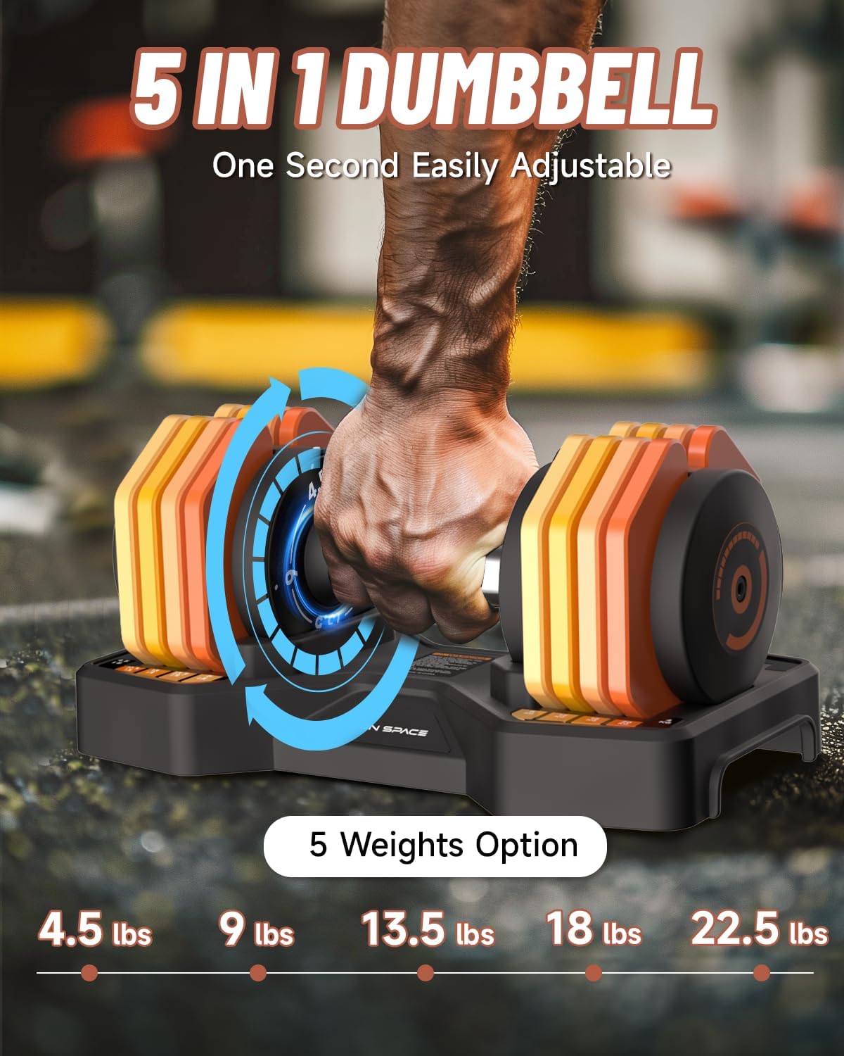 Adjustable Dumbbells Set 22.5LB Pair, 1-Sec Fast Adjustable 5 Free Weights, Premium Comfort Non-slip Metal Handle, Compact Size for Full Body Home Workout