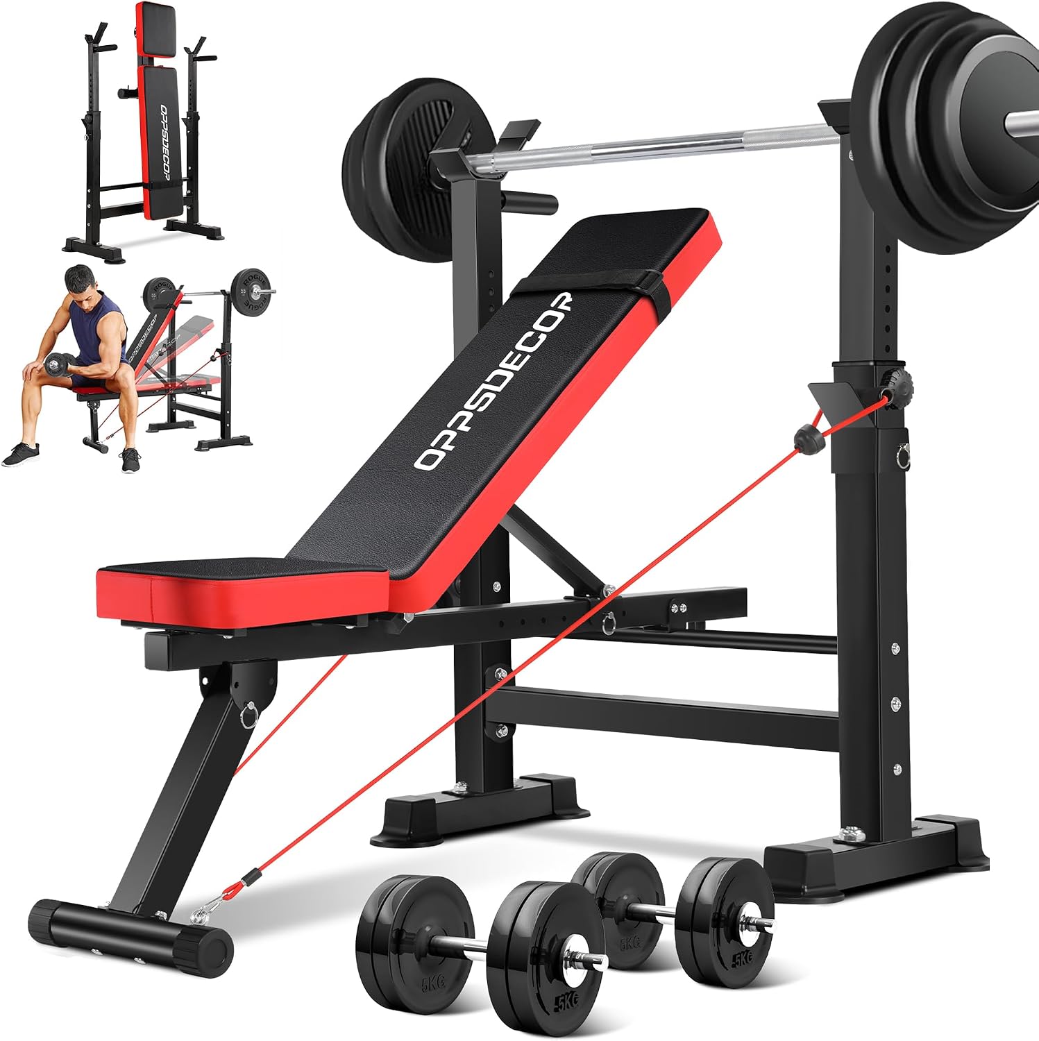 OPPSDECOR 900lbs 6 in 1 Weight Bench Set with Squat Rack, Workout Bench with Leg Extension Preacher Curl Rack Multi-Function Bench Press Set for Home Gym, ZWX1113 New Version Weight Bench