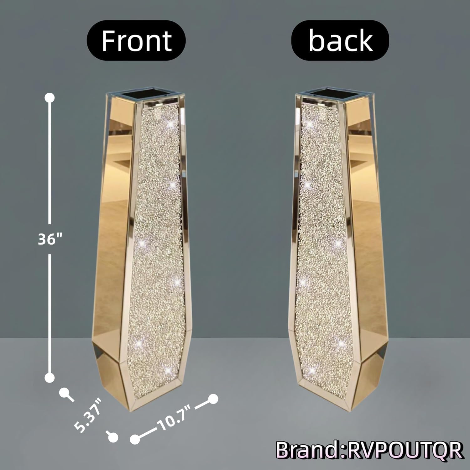 36' Extra Tall Double Sided Crushed Diamond Vases,Six Sided Three-Dimensional Diamond Vase,Extra Large Mirrored Silver Crystal Vase for Home,Office,Hotel(10.6' Lx5.37 W x 36' H)