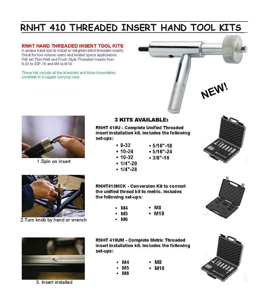 RNHT 410U Complete Unified Threaded Insert Installation KIT. Includes The Following Set-UPS: 8-32, 10-24, 10-32, 1/4-20, 1/4-28, 5/16-18, 5/16-24, 3/8-16, & 3/16-24.