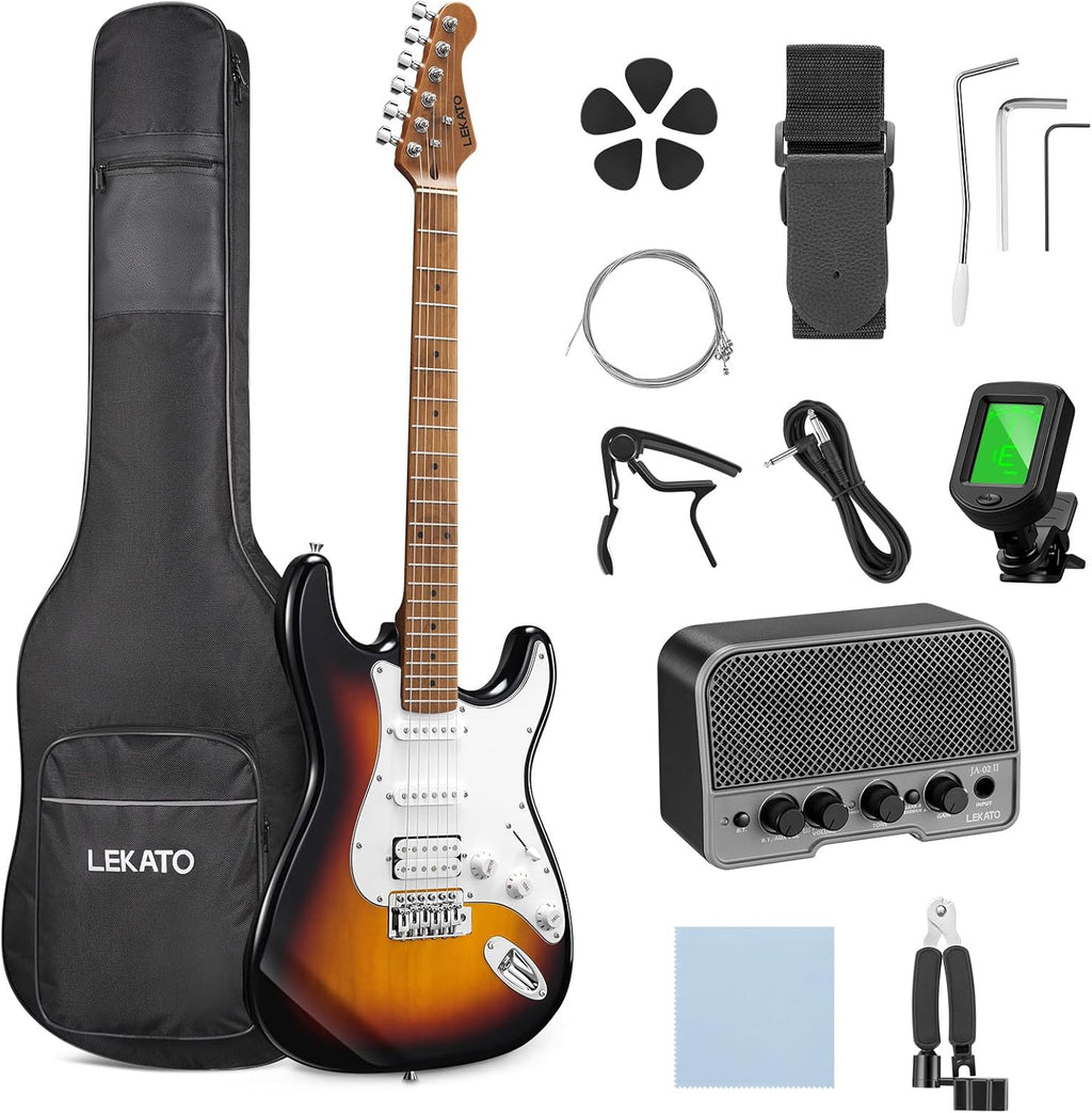 LEKATO Electric Guitar Kit Beginner 39 Inch Full Size Solid Body Guitar HSS for Starter Roasted Maple Neck Fretboard Stainless Steel Frets, 5W Mini Amp, Bag, Tuner, Capo, Strap, String, Picks-Sunburst