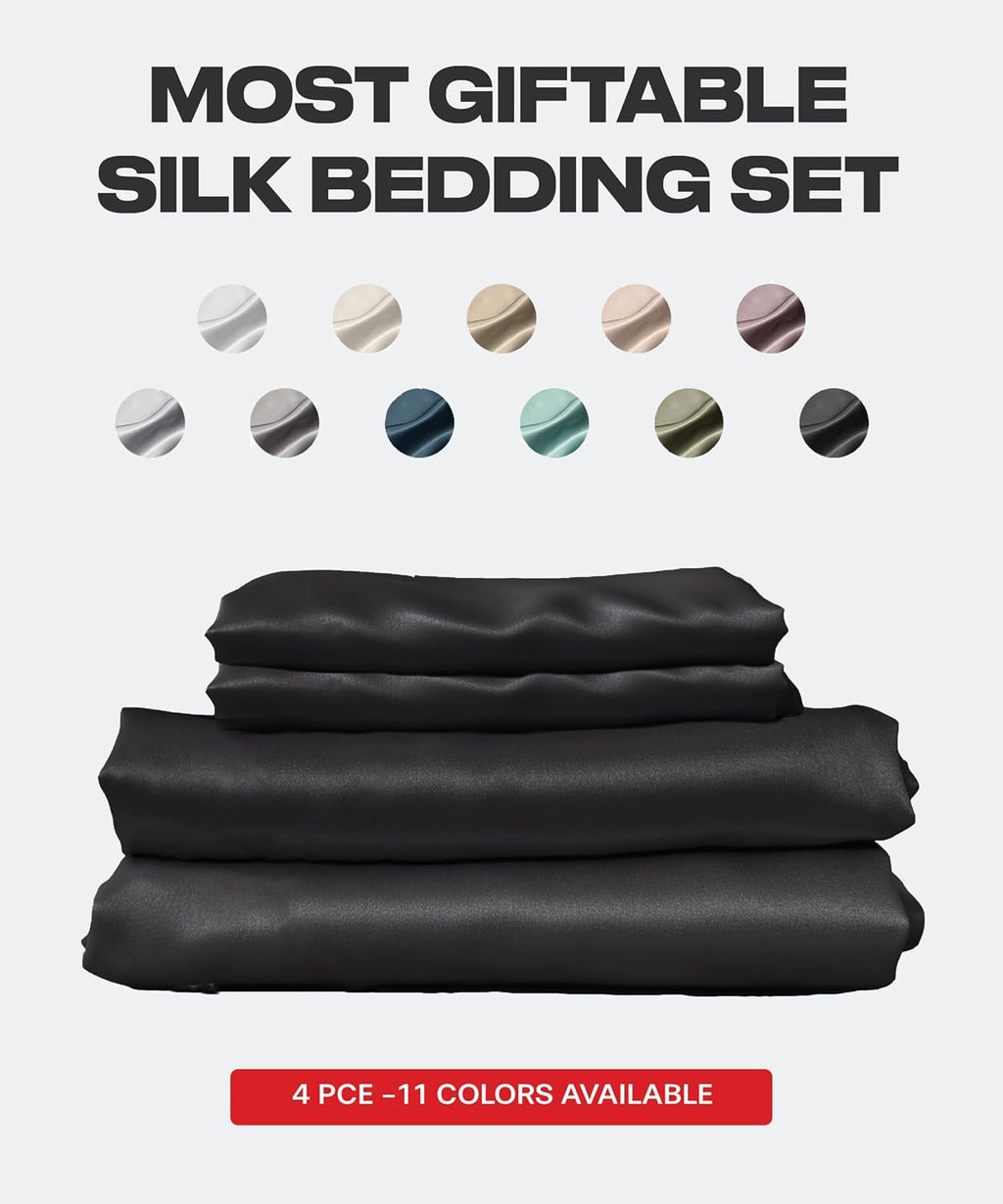 Colorado Home Co SUNDAYSILKS™ | 100% Mulberry Silk Bed Sheets | 4PC Natural Mulberry Silk Bedding Set | Soft & Durable | Grade 6A Organic Real Silk Sheets Set [Midnight Black]