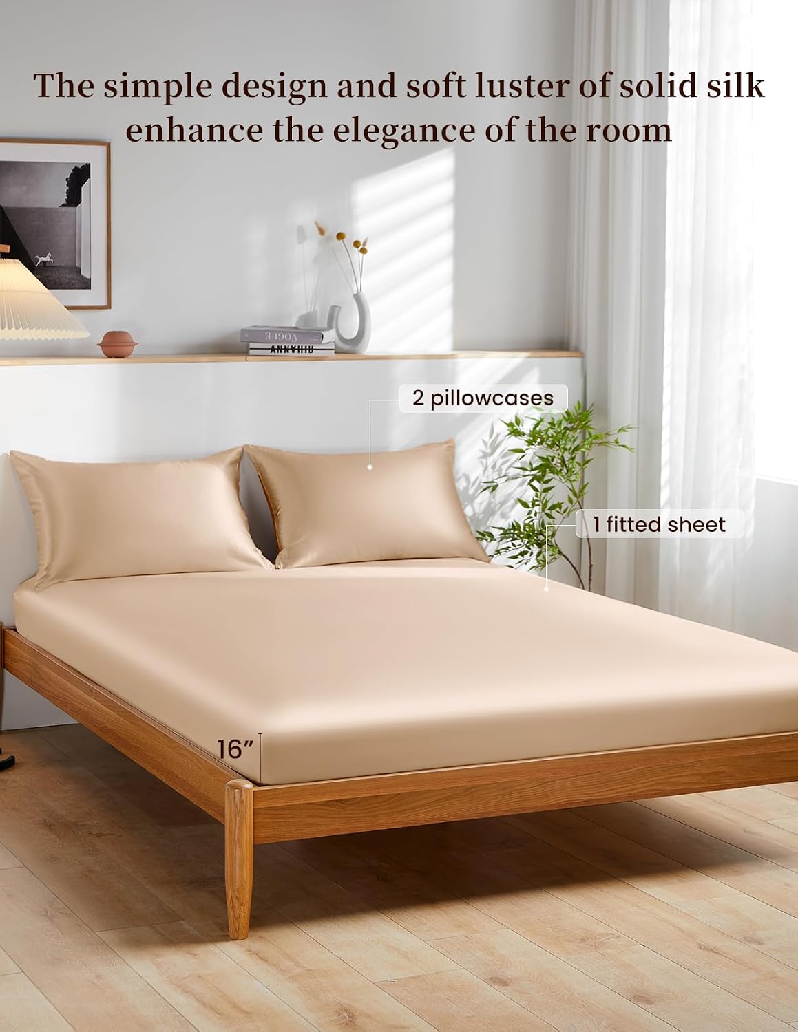 THXSILK 100% Mulberry Silk Bed Sheet Set - 3pcs Pure Silk Sheet Set - 16' Deep Pocket Fitted Sheet, 2 Pack Silk Pillowcase with Zipper Closure - Full Size, Beige