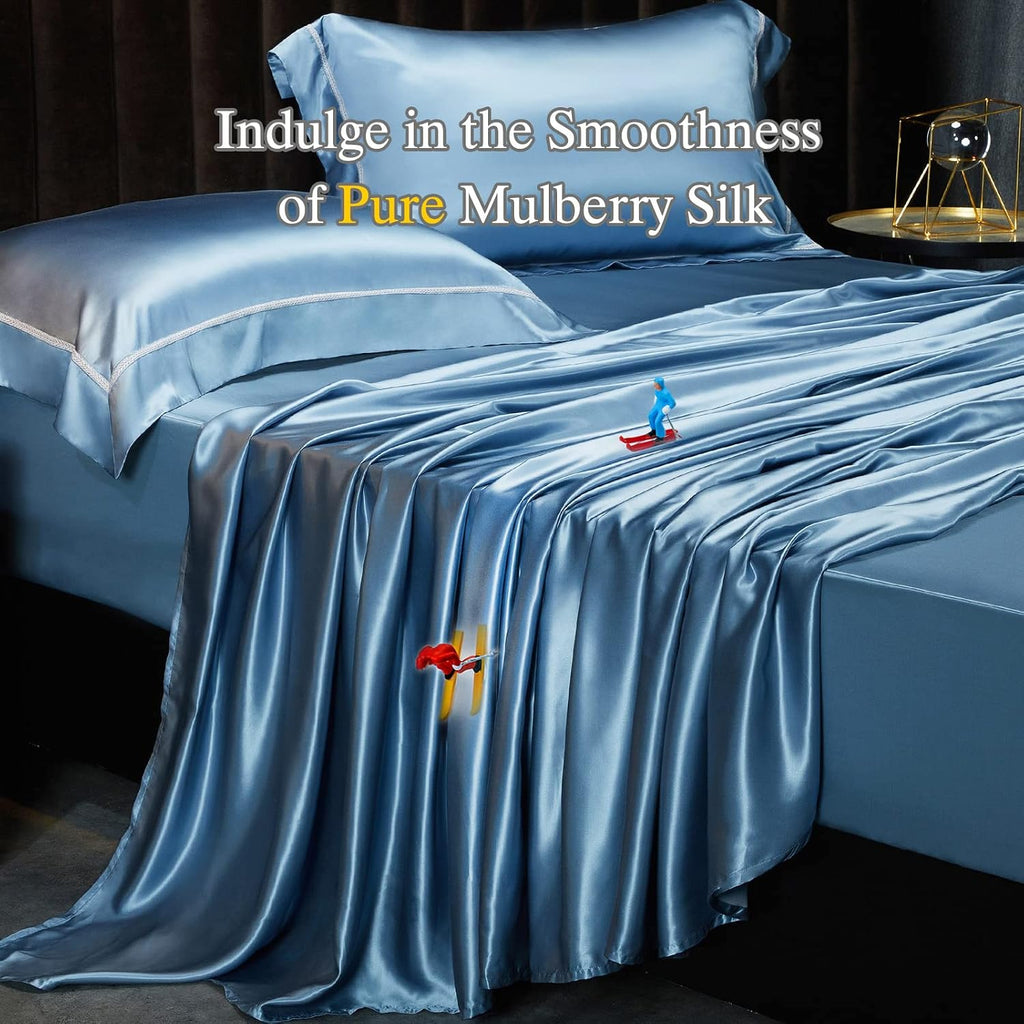 YOUR MOON 100% Mulberry Silk Sheets Set King Size 4 Pcs, 25 Momme Mulberry Silk Bed Sheets, Ultra Soft Luxury Bedding Sets, 1 Fitted Sheet, 1 Flat Sheet, 2 Pillow Shams (Blue Stream)