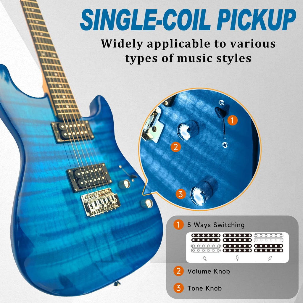 39' Full Size ST Style Electric Guitar Starter Kit with HH Pickup, 20W Portable Amp, Tuner, Gig Bag, Strap & Accessories(Blue Flame)