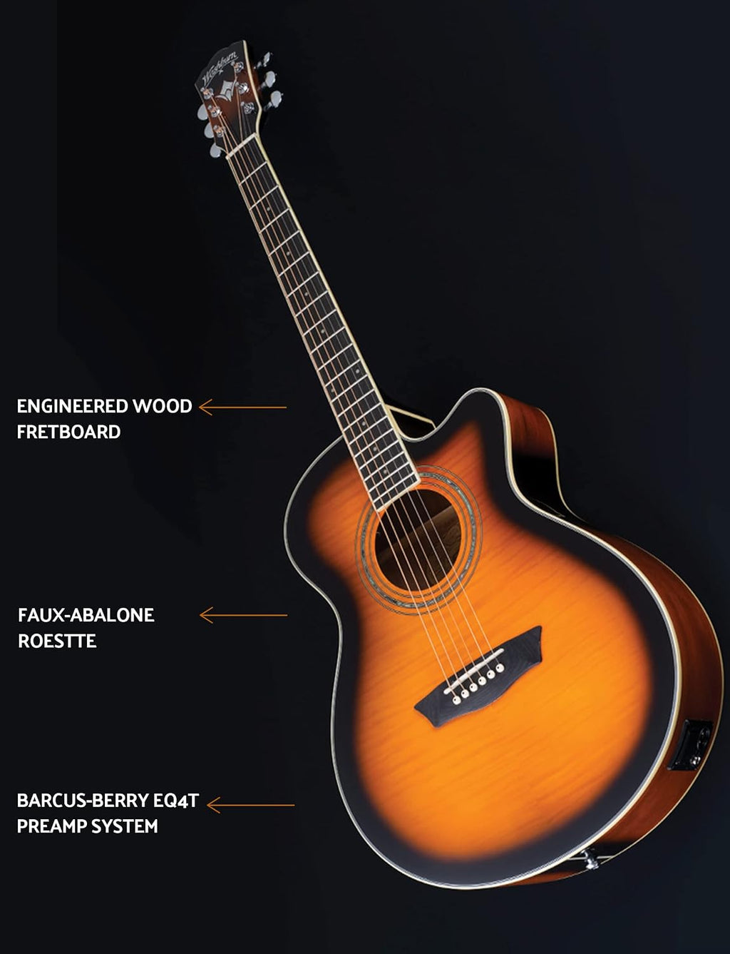 Washburn Festival EA15 Mini Jumbo Cutaway, Acoustic Electric Guitar, Tobacco Burst