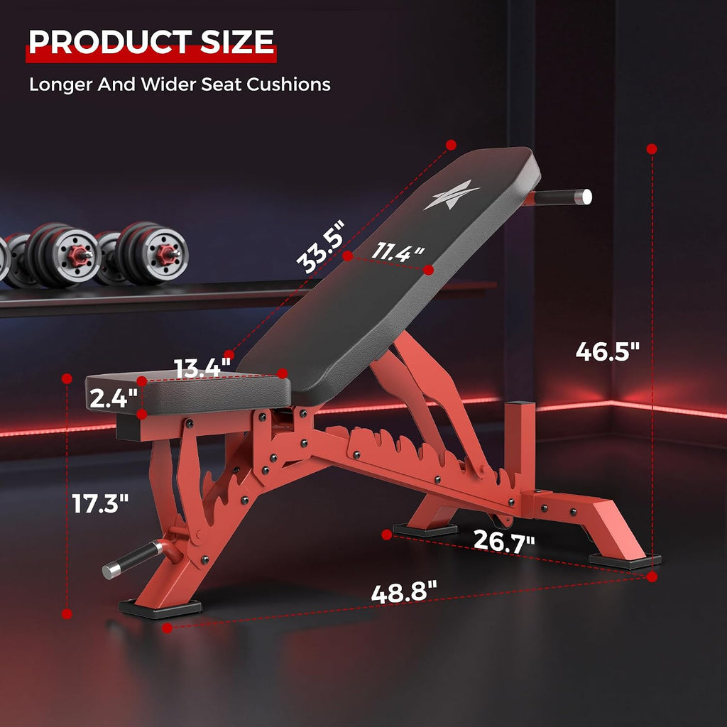 Weight Bench, Adjustable Workout Bench for Home Gym Full Body Workout, 1300LBS Weight Capacity Bench Press, Flat/Incline Bench with 33' Extra-Long Backrest & Wheels