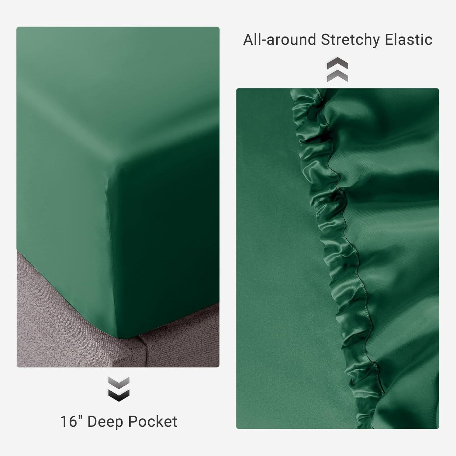 THXSILK 100% Mulberry Silk Fitted Sheet Set, 7A+ Silk 3 Pieces Bed Sheets, Breathable, Smooth, 16 Inch Deep Pocket Fitted Sheet, 2 Pillowcases - Emerald Green, Queen