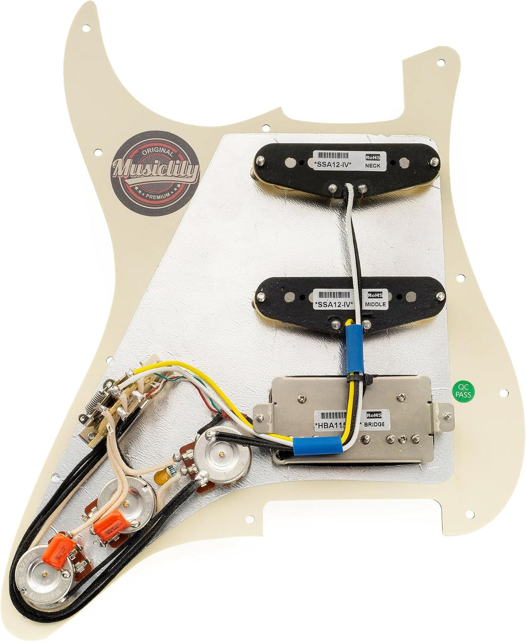 Musiclily Pro Auto-Split HSS Loaded Pickguard ST Prewired Pickguard with Artec Alnico 5 Single Coil Humbucker Pickups for American/Mexico Import Squier Strat Electric Guitar, 4ply Aged White Pearl