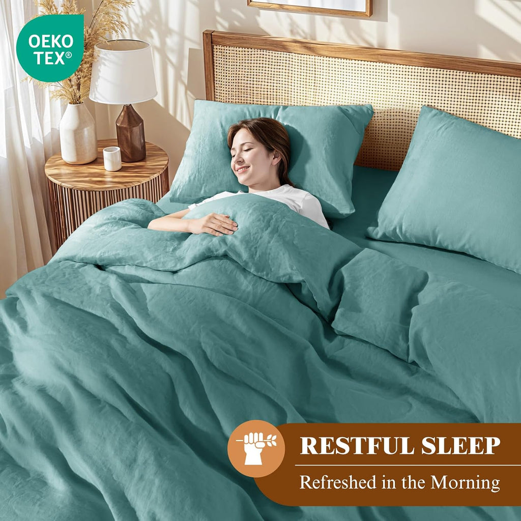 LBRO2M 100% France Linen Duvet Cover Set 3 Pcs Natural Flax Duvet Cover Set 2 Pillowcase 1 Duvet Cover with Zipper (Aqua California King)
