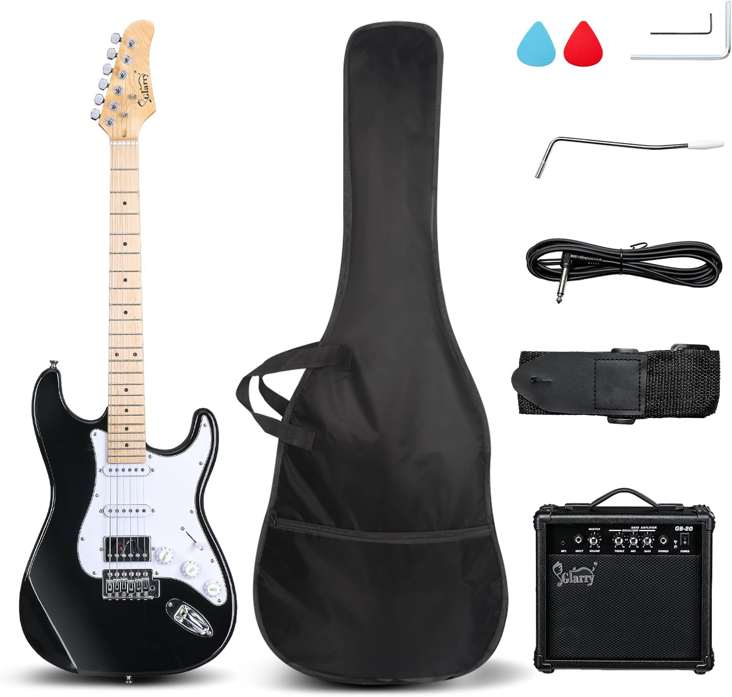 GLARRY Electric Guitar, 39' Full Size Electric Guitar Kit with HSS Pickup Coil Split for Beginner, 20W Amp and Accessories Pack Guitar Bag (Black)