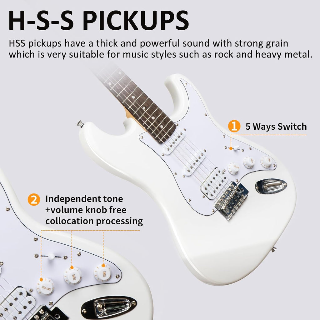 AODSK Electric Guitar with Amp Beginner Kit 39 Inch Solid Body Full Size,All Accessories,Digital Tuner,Six Strings,Four Picks,Tremolo Bar,Strap,Gig Bag,Starter kit (White-HSS)